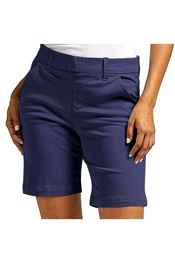 Bermuda Shorts for Women Fashion Straight Leg High Waisted Chino Summer Vacation Shorts with Pockets Navy M