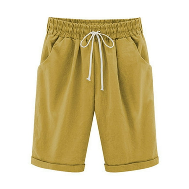 Bermuda Shorts for Women High Waisted Cotton Linen Elastic Drawstring Summer Shorts Plus Size Casual Loose Fit Solid Color Lounge Shorts