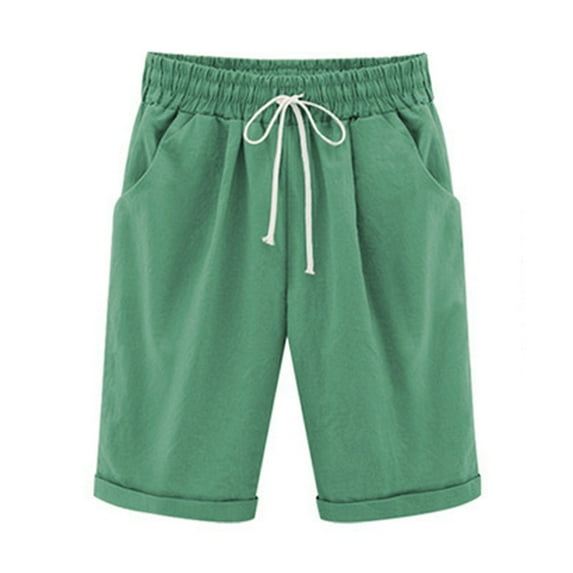 Bermuda Shorts for Women High Waisted Cotton Linen Elastic Drawstring Summer Shorts Plus Size Casual Loose Fit Solid Color Lounge Shorts