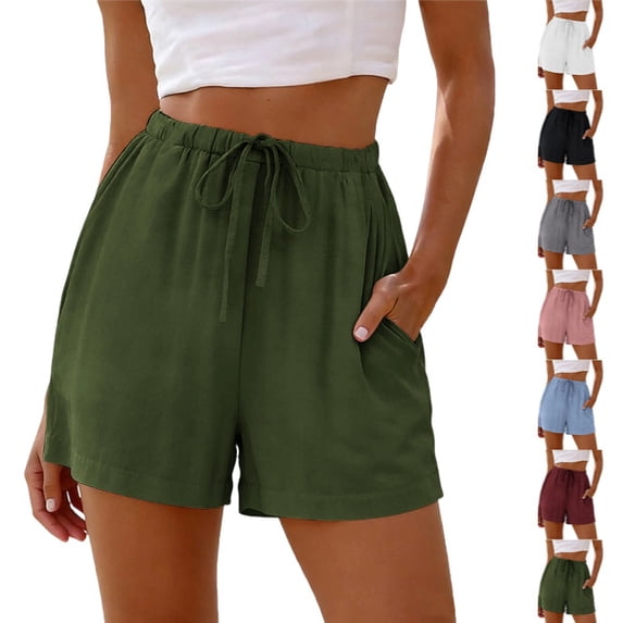 Bermuda Shorts for Women High Waisted Elastic Drawstring Shorts Casual Loose Cute Beach Vacation Wide Leg Pants Army Green L
