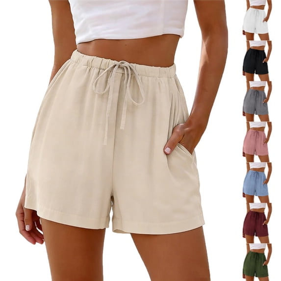 Bermuda Shorts for Women High Waisted Elastic Drawstring Shorts Casual Loose Cute Beach Vacation Wide Leg Pants Khaki M