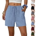 thumbnail image 1 of Bermuda Shorts for Women High Waisted Elastic Drawstring Shorts Casual Loose Cute Beach Vacation Wide Leg Pants Sky Blue S, 1 of 9