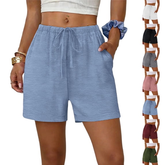 Bermuda Shorts for Women High Waisted Elastic Drawstring Shorts Casual Loose Cute Beach Vacation Wide Leg Pants Sky Blue S