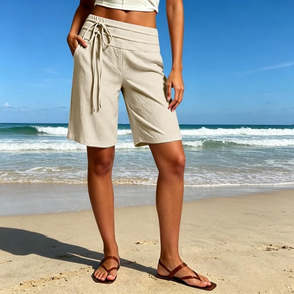 Bermuda Shorts for Women High Waisted Wide Leg Linen Shorts Casual Loose Summer Vacation Shorts with Pockets, M