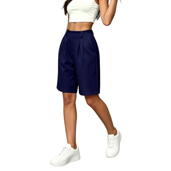 Bermuda Shorts for Women Hiking Casual Elastic Waist Wide Leg Suit Tailored Shorts Summer Dressy Work Shorts with Pockets Dark Blue 2XL
