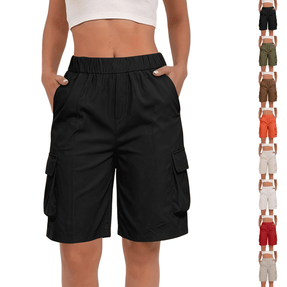 Bermuda Shorts for Women Knee Length Casual Wide Leg Drawstring Hiking Work Summer Cargo Shorts with Pockets Black S
