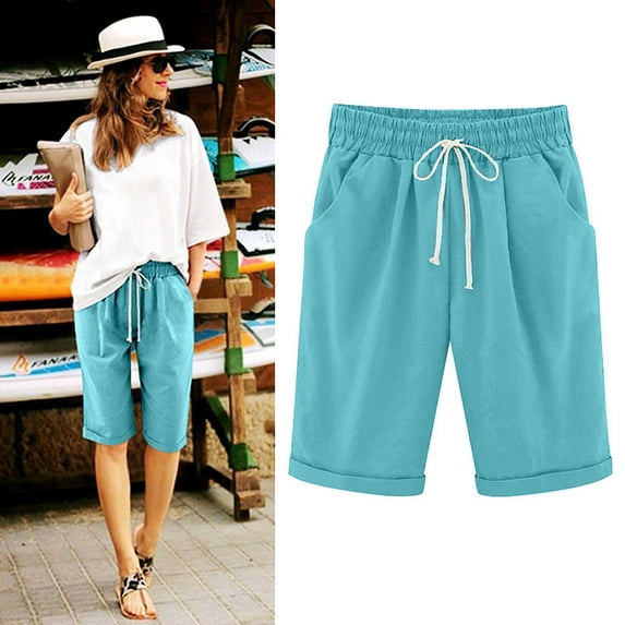 Bermuda Shorts for Women Knee Length Cotton Linen Casual Shorts Drawstring High Waisted Shorts Jogger Athletic Shorts Blue XXL