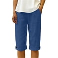 thumbnail image 1 of Bermuda Shorts for Women Knee Length Cotton Linen Elastic Waist Drawstring Shorts Summer Capris Pants with Pockets Dark Blue 2XL, 1 of 8