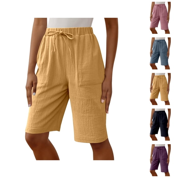 Bermuda Shorts for Women Knee Length Cotton Linen Elastic Waist Straight Leg Relaxed Fit Casual Shorts with Pockets