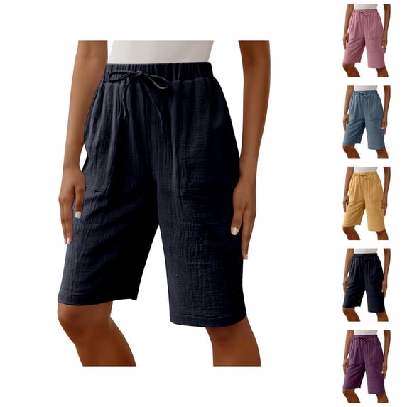 Bermuda Shorts for Women Knee Length Cotton Linen Elastic Waist Straight Leg Relaxed Fit Casual Shorts with Pockets