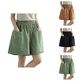 thumbnail image 1 of Bermuda Shorts for Women Knee Length Cotton Linen Elastic Waist Wide Straight Leg Relaxed Fit Casual Shorts with Pockets, 1 of 7