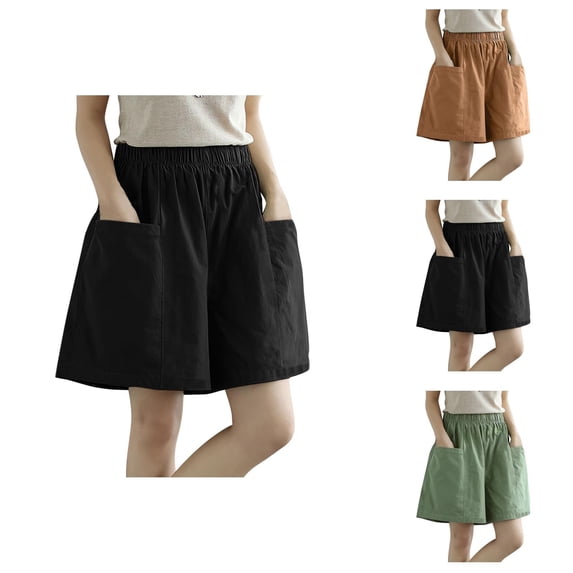 Bermuda Shorts for Women Knee Length Cotton Linen Elastic Waist Wide Straight Leg Relaxed Fit Casual Shorts with Pockets