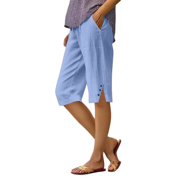 Bermuda Shorts for Women Knee Length Cotton Linen Pedal Pushers with Pockets Wide Leg Drawstring Summer Clothes,3XL
