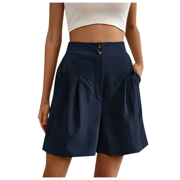 Bermuda Shorts for Women Knee Length Cotton Shorts with Pockets Womens Summer Trendy Elastic Waist Shorts