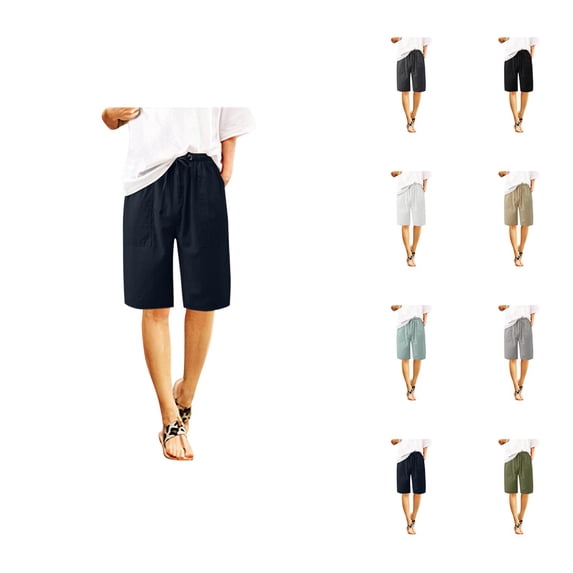 Bermuda Shorts for Women Knee Length Cotton Summer Elastic Waist Straight Leg Casual Shorts with Pockets