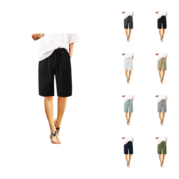 Bermuda Shorts for Women Knee Length Cotton Summer Elastic Waist Straight Leg Casual Shorts with Pockets