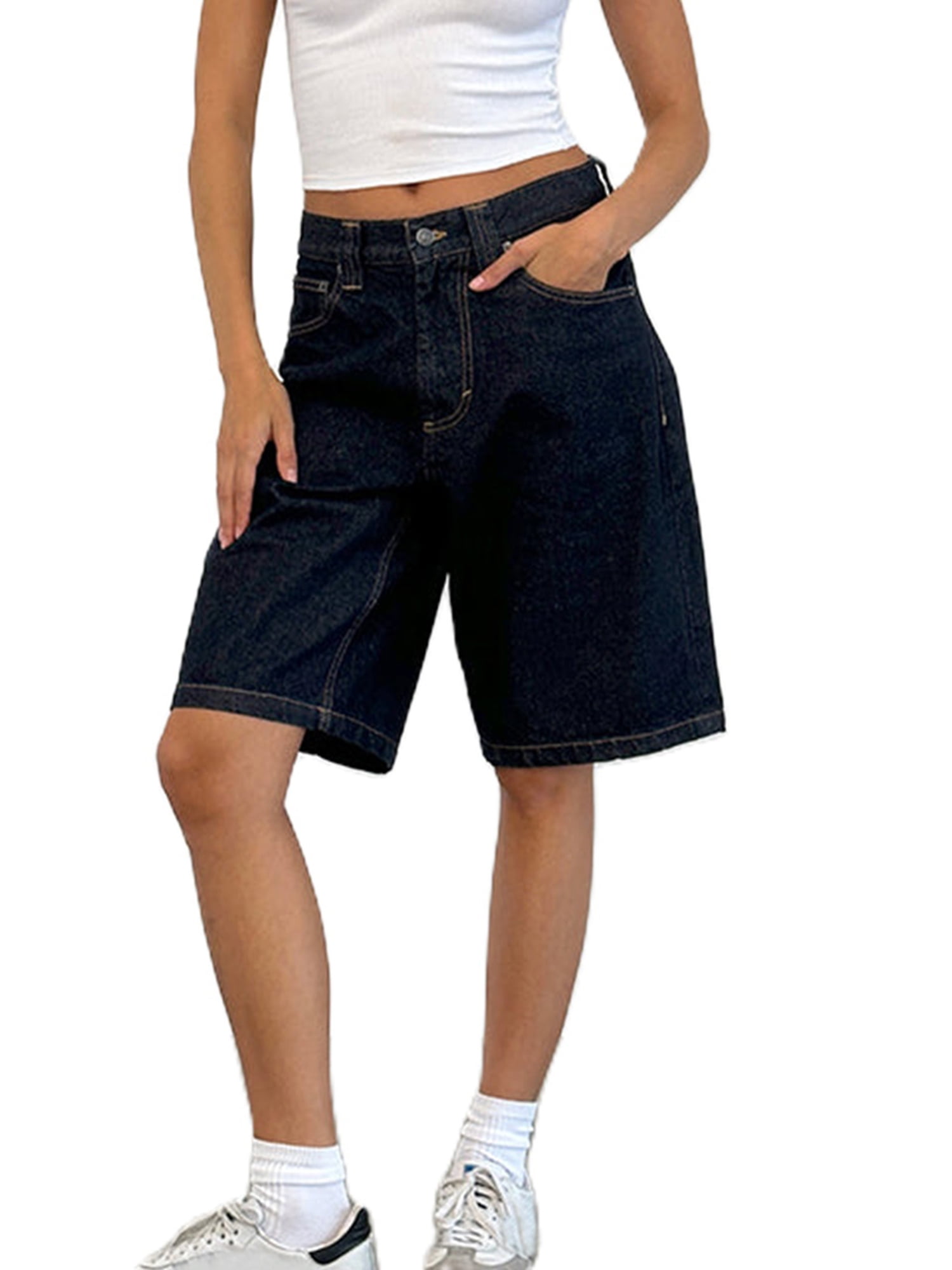 Bermuda Shorts Black Knee Length Denim Shorts Womens Denim Ladies