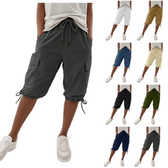 Bermuda Shorts for Women Knee Length Drawstring Elastic Waist Cargo Pedal Pushers Casual Summer Capri with Pockets Beige M