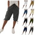 thumbnail image 1 of Bermuda Shorts for Women Knee Length Drawstring Elastic Waist Cargo Pedal Pushers Casual Summer Capri with Pockets Navy L, 1 of 10