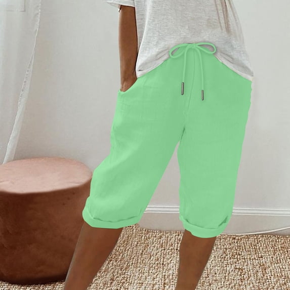 Bermuda Shorts for Women Knee Length Drawstring Elastic Waist Linen Shorts Casual Summer Pedal Pushers with Pockets, 2026 New Limited Time Offer