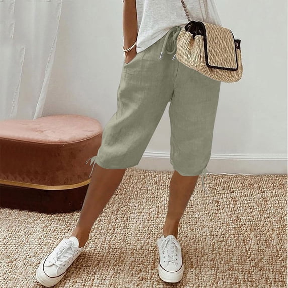 Bermuda Shorts for Women Knee Length Drawstring Elastic Waist Linen Shorts Casual Summer Pedal Pushers with Pockets Army Green 2XL