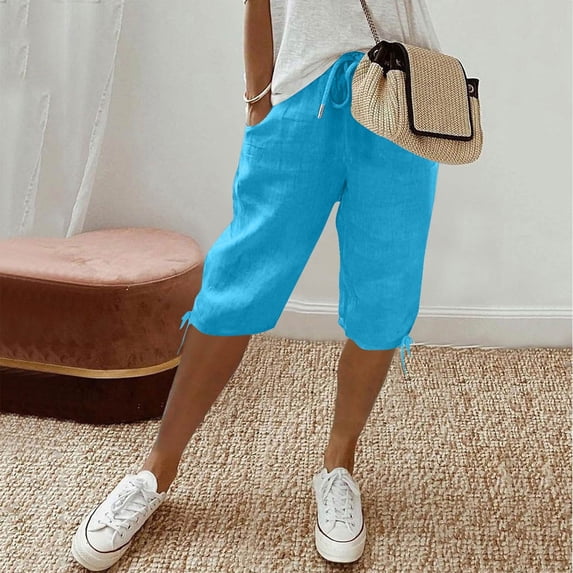 Bermuda Shorts for Women Knee Length Drawstring Elastic Waist Linen Shorts Casual Summer Pedal Pushers with Pockets Cyan 3XL