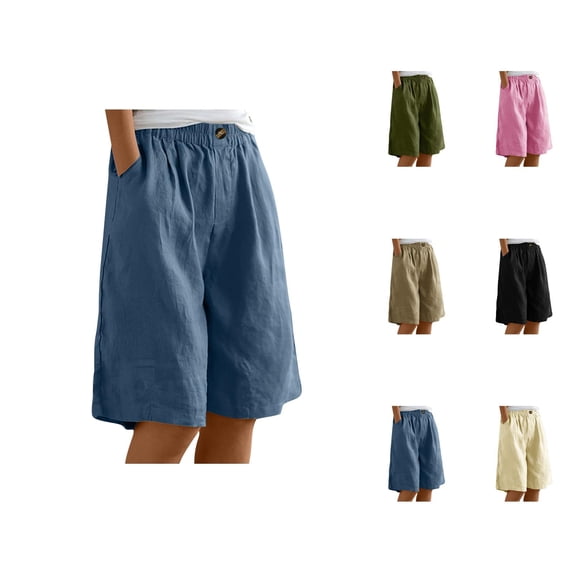 Bermuda Shorts for Women Knee Length Elastic High Waist Cotton Wide Straight Leg Relaxed Fit Casual Shorts with Pockets