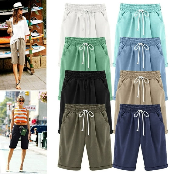 Bermuda Shorts for Women Knee Length - Elastic Waist Comfortable Solid Color Drawstring Shorts Summer Casual Beach Shorts with Pockets Khaki, Size M