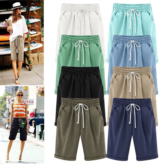 Bermuda Shorts for Women Knee Length - Elastic Waist Comfortable Solid Color Drawstring Shorts Summer Casual Beach Shorts with Pockets White, Size XL