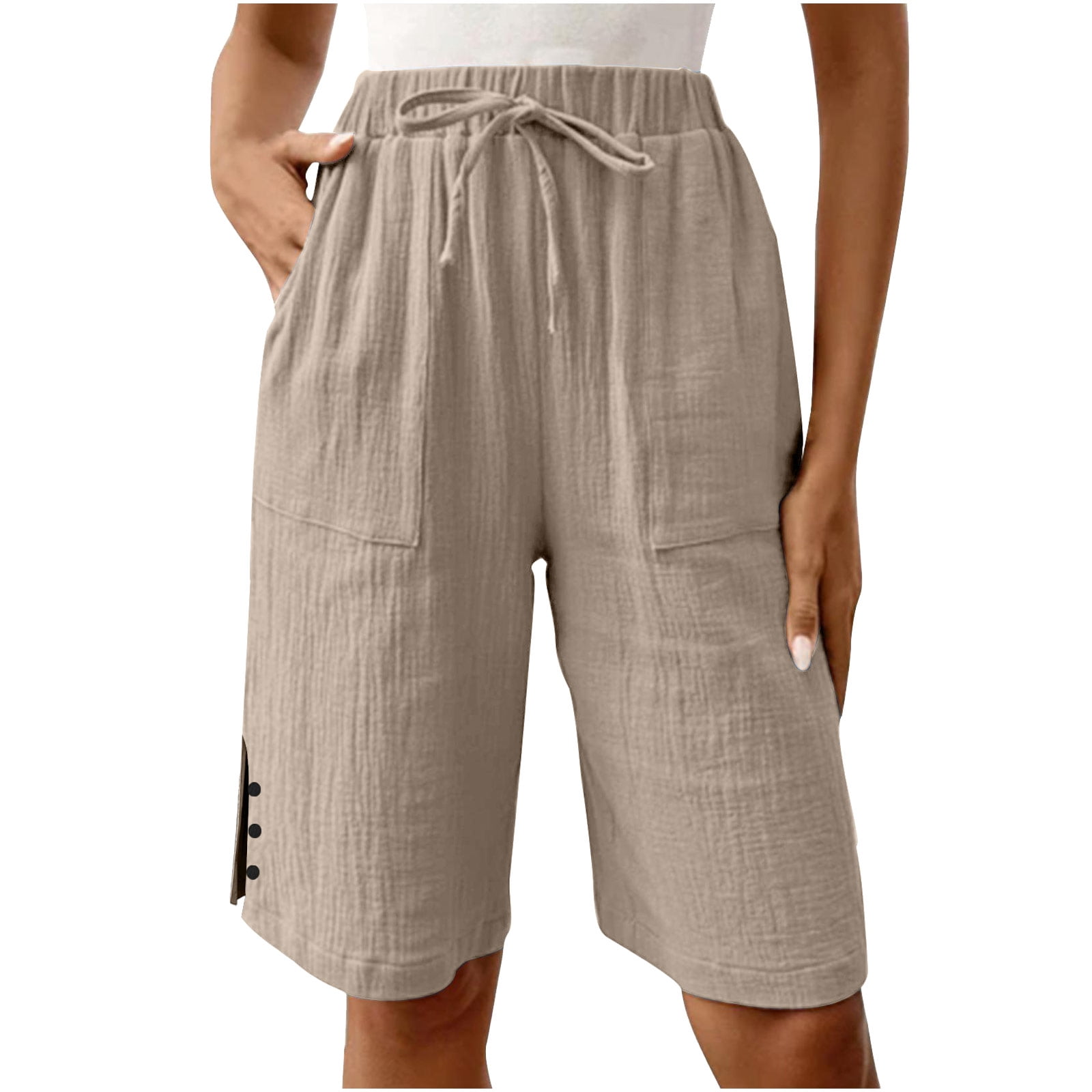 Bermuda Shorts for Women Knee Length Elastic Waist Drawstring Loose ...