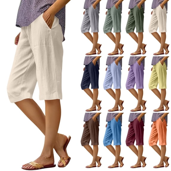 Bermuda Shorts for Women Knee Length Elastic Waist Long Wide Leg Linen Shorts Comfy Beach Capri Pants with Pockets Saffron M