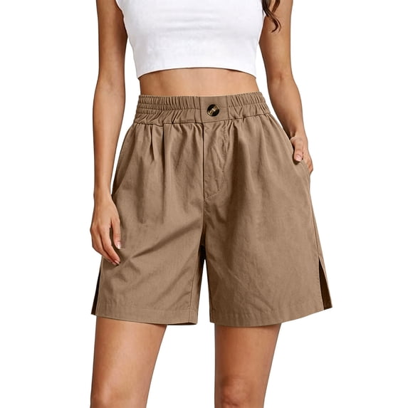 Bermuda Shorts for Women Knee Length High Waisted Cotton Elastic Waist Summer Dressy Casual Shorts Khaki XXL(XXL)