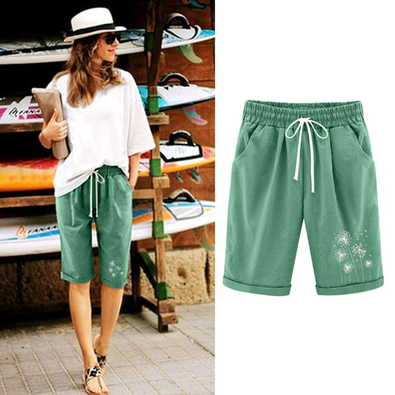 Bermuda Shorts for Women Knee Length High Waisted Summer Lightweight Cotton Shorts Elastic Waist Shorts with Pockets