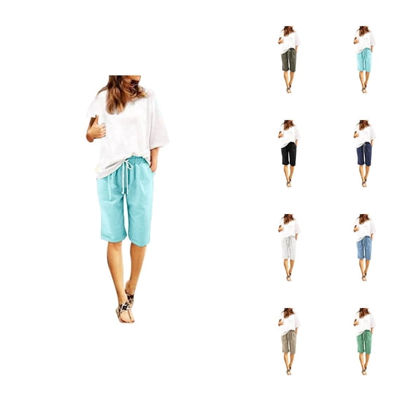 Bermuda Shorts for Women Knee Length Lightweight Elastic Waist Cotton Linen Straight Leg Casual Shorts with Pockets