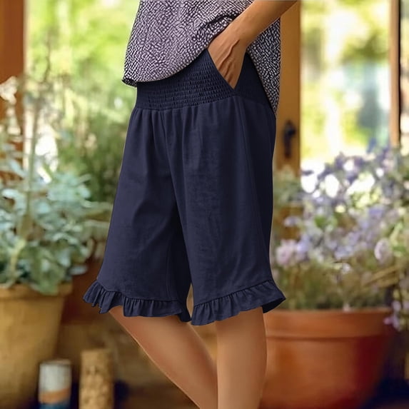 Bermuda Shorts for Women Knee Length Lightweight Flared Ruffle Hem Shorts High Waisted Wide Leg Pants with Pocket