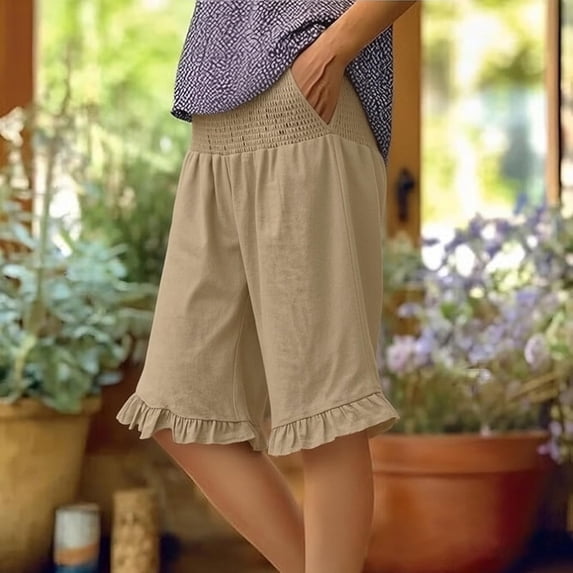 Bermuda Shorts for Women Knee Length Lightweight Flared Ruffle Hem Shorts High Waisted Wide Leg Pants with Pocket