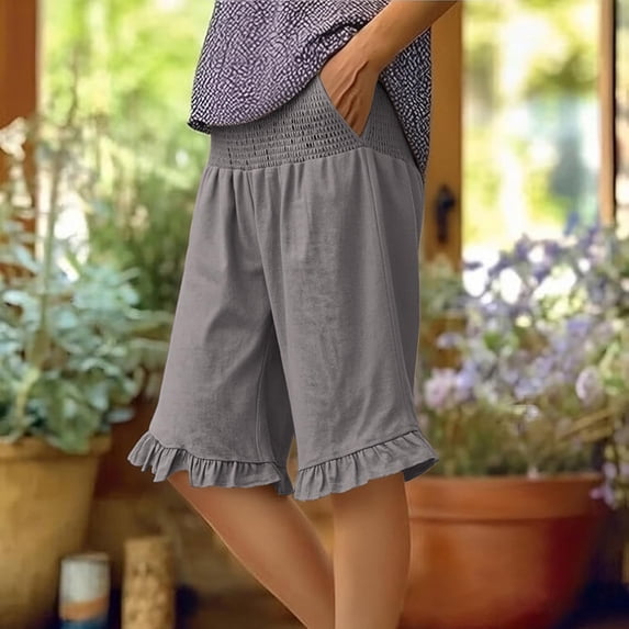 Bermuda Shorts for Women Knee Length Lightweight Flared Ruffle Hem Shorts High Waisted Wide Leg Pants with Pocket