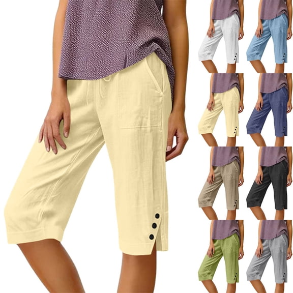 Bermuda Shorts for Women Knee Length Linen Shorts Casual Summer Capri Pants Pull On Long Shorts Beige L 14" Inseam