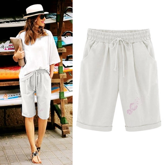ZHUGeLI Bermuda Shorts for Women Knee Length Plus Size Cotton Linen Casual Shorts Drawstring High Waist Shorts with Pockets