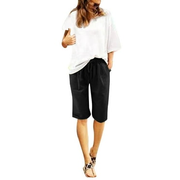NOLDARES Bermuda Shorts for Women Knee Length Plus Size Summer Casual Beach Elastic Waist Drawstring Comfy Trendy Long Shorts (XXL, Black)