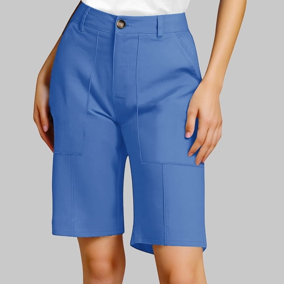 Bermuda Shorts for Women Knee Length Stretch Casual Pants Summer High Waisted Beach Vacation Long Shorts with Pockets Dark Blue XL