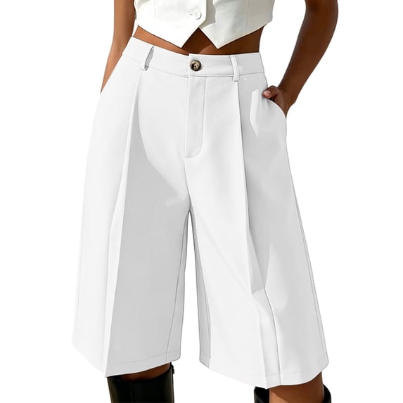 Bermuda Shorts for Women Knee Length Stretchy Elastic Waist Wide Leg Shorts with Pockets Casual Business White L(L)