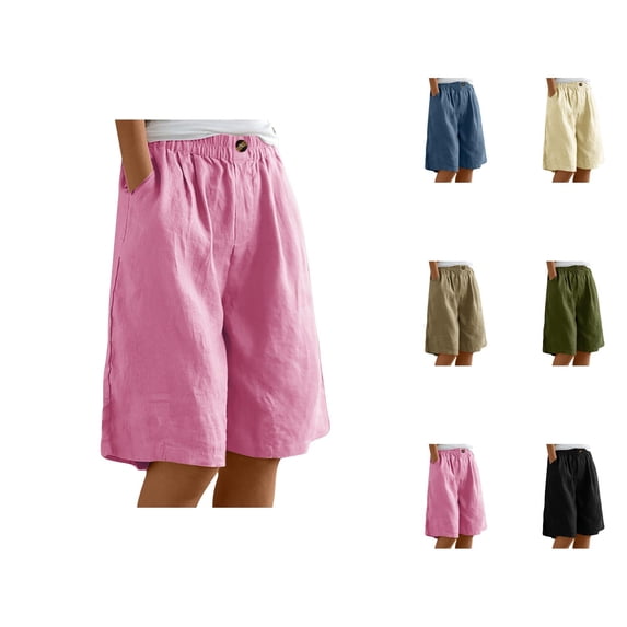 Bermuda Shorts for Women Knee Length Summer Elastic High Waisted Loose Wide Leg Casual Shorts with Pockets
