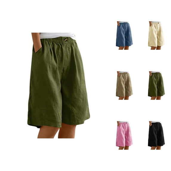 Bermuda Shorts for Women Knee Length Summer Elastic High Waisted Loose Wide Leg Casual Shorts with Pockets