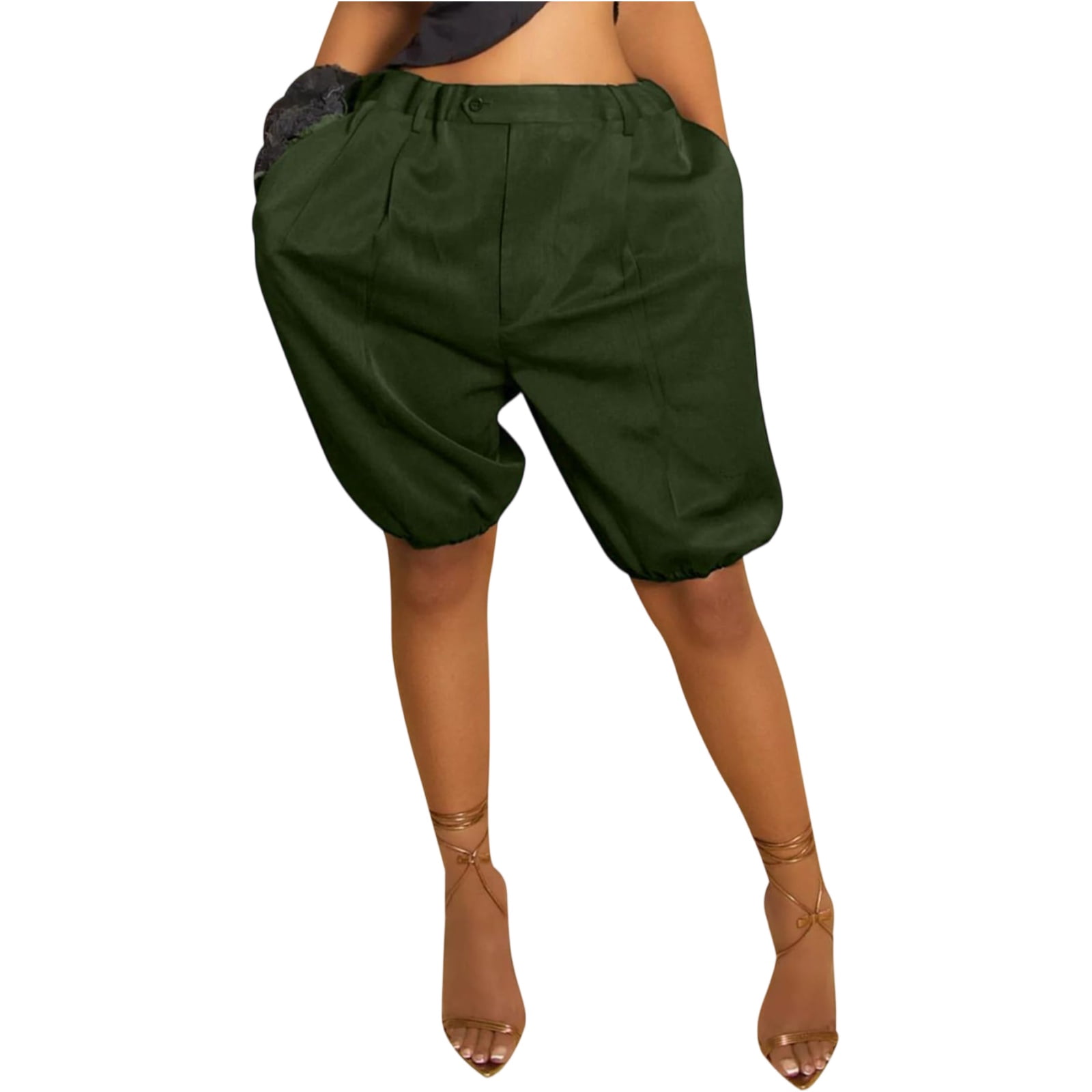 シェリエ Drape Balloon Short Pants Bermuda Shorts for Women Lantern Balloon Baggy Knee Length Elastic
