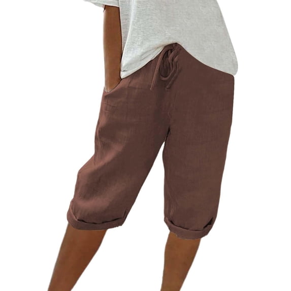 Bermuda Shorts for Women Length Drawstring Elastic Waist Linen Shorts Casual Summer Pedal Pushers with Pockets Coffee L
