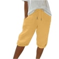 thumbnail image 1 of Bermuda Shorts for Women Length Drawstring Elastic Waist Linen Shorts Casual Summer Pedal Pushers with Pockets Yellow S, 1 of 7