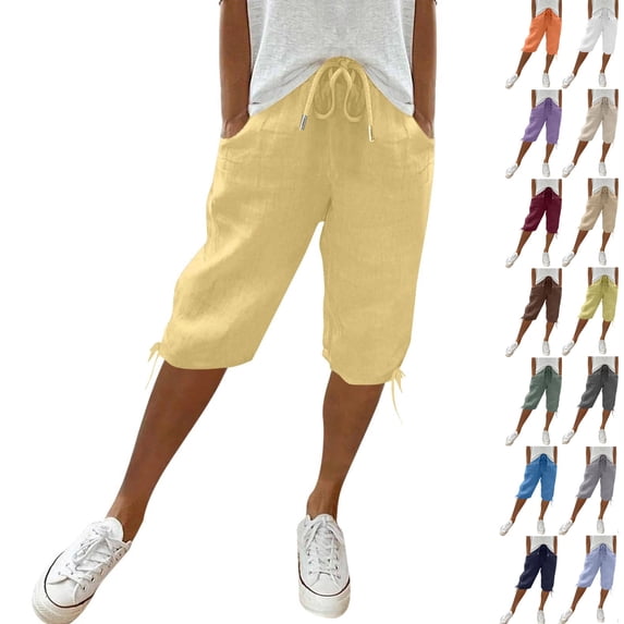 Bermuda Shorts for Women Length Drawstring Elastic Waist Linen Shorts Casual Summer Pedal Pushers with Pockets,Yellow XXL