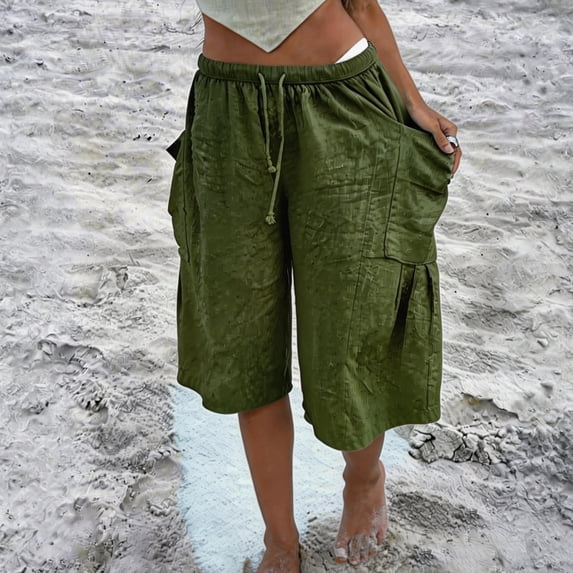 Bermuda Shorts for Women Linen Baggy Wide Leg Cargo Shorts with Pockets Summer Casual Outdoor Beach Vacation Outfits Army Green S
