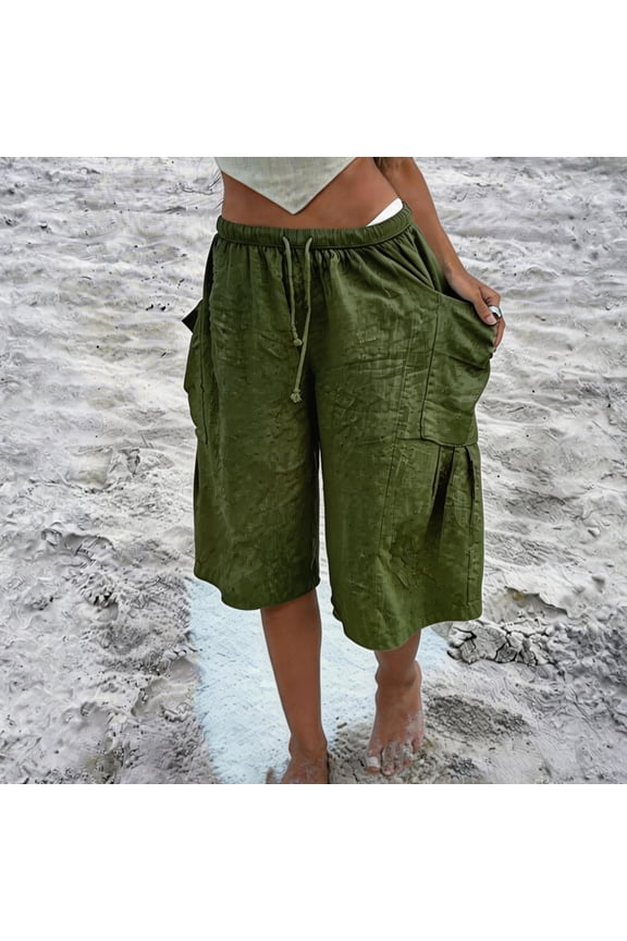 Bermuda Shorts for Women Linen Baggy Wide Leg Cargo Shorts with Pockets Summer Casual Outdoor Beach Vacation Outfits Army Green XL